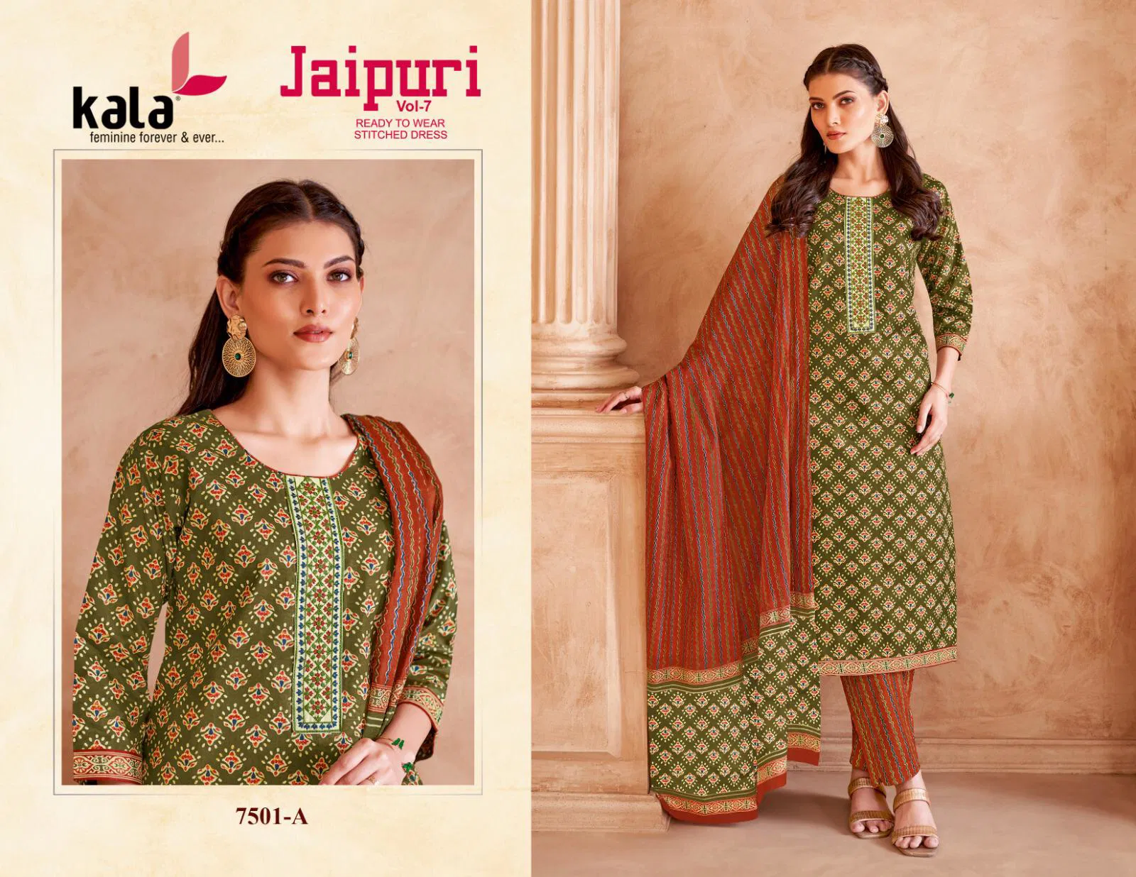 Jaipuri Vol 7 By Kala Printed Cotton Embroidery Dress Material Orders In India